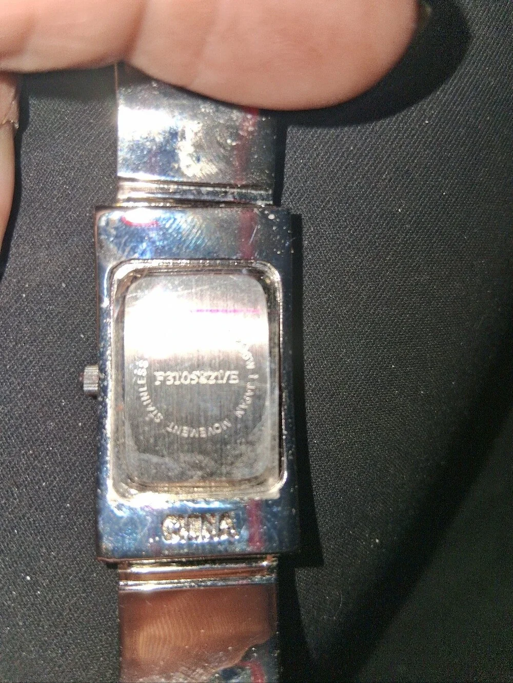 Quartz Rectangular Silver-Tone Watch with Cream Colord Stones, Bangle Style